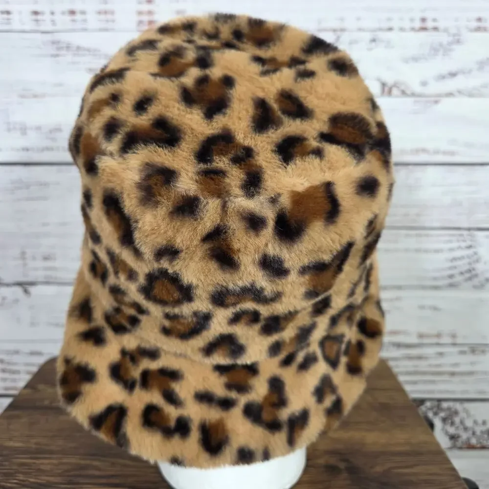 Leopard Print Faux Fur Women's Bucket Hat NWT